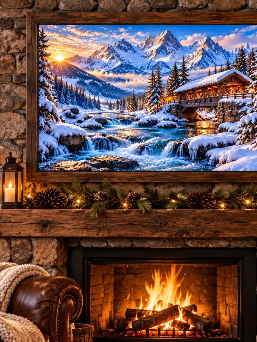 Winter Mountain Wall Art, Covered Bridge Snow Print - Picture 3 of 10